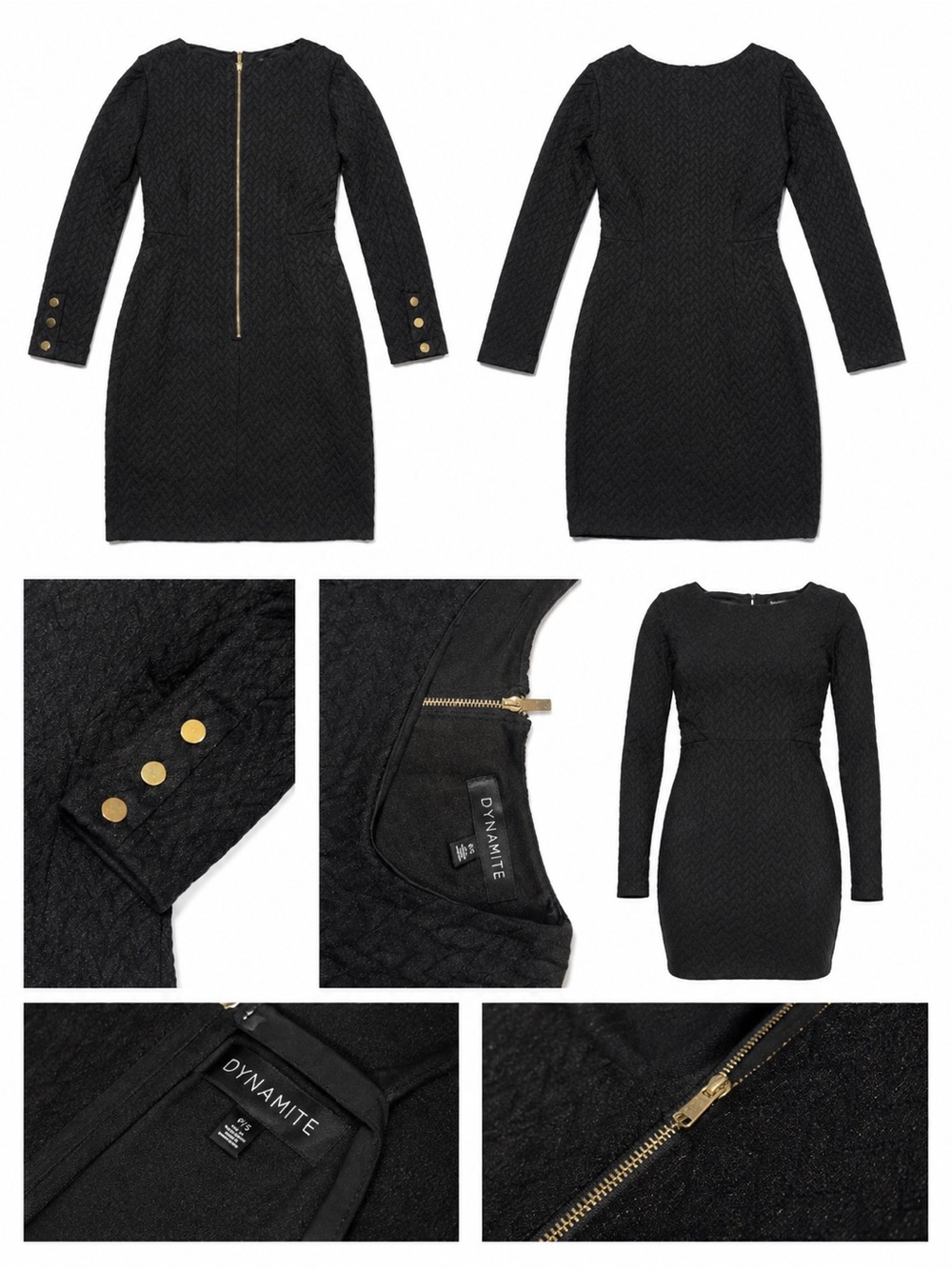 Dynamite Black Long-Sleeve Sheath Dress with Gold Buttons XS NWOT